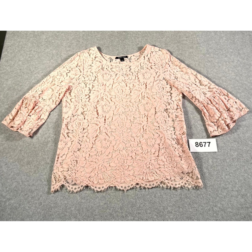 Roz & Ali Blouse Top Womens Large Pink Lace Floral Bell Sleeve Round Neck Casual
